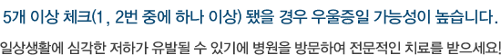  5개 이상 체크(1, 2번 중에 하나 이상) 됐을 경우 우울증일 가능성이 높습니다. 일상생활에 심각한 저하가 유발될 수 있기에 병원을 방문하여 전문적인 치료를 받으세요! 